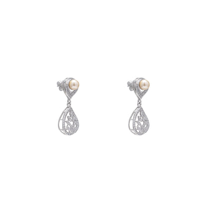 Leafy Pearl Teardrop 925 Sterling Silver Earrings