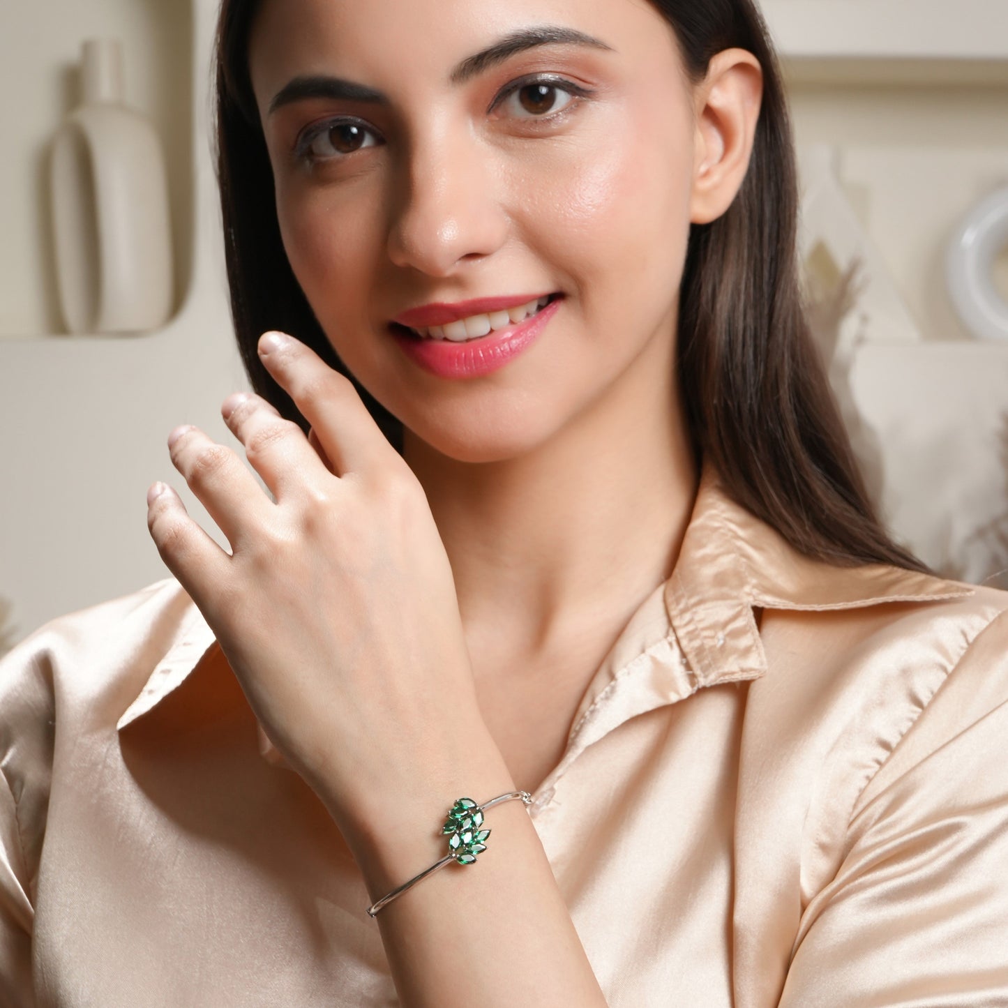 Green Leaflet Charm 925 Sterling Silver Bracelet