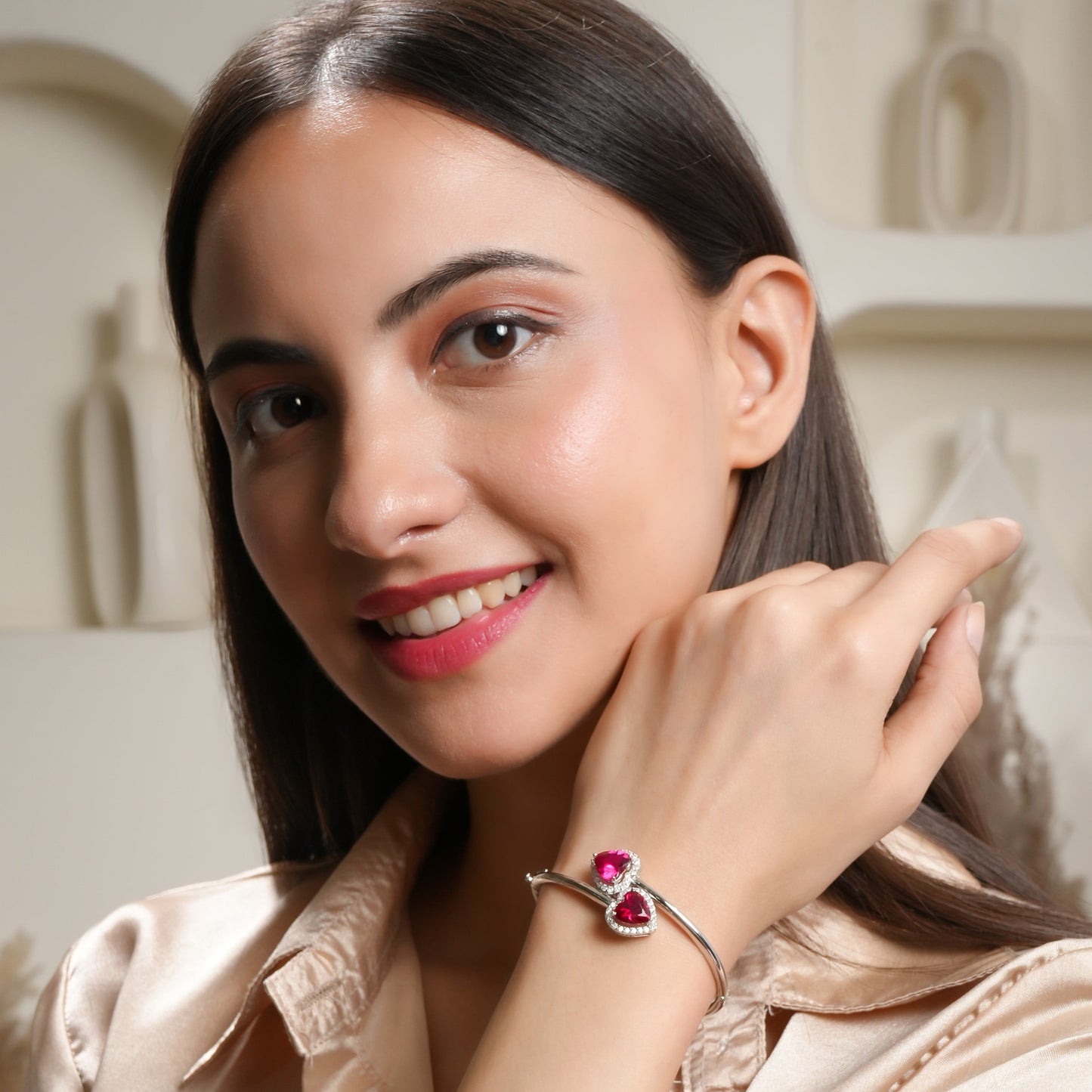 Twin Crimson Heart 925 Sterling Silver Bracelet